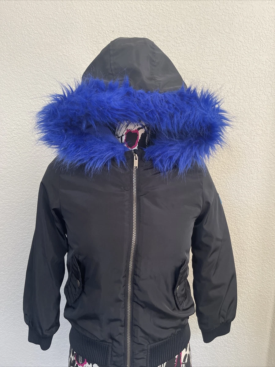 CALVIN KLEIN GIRLS BLACK W BLUE FAUX FUR HOODED BOMBER JACKET SIZE 12