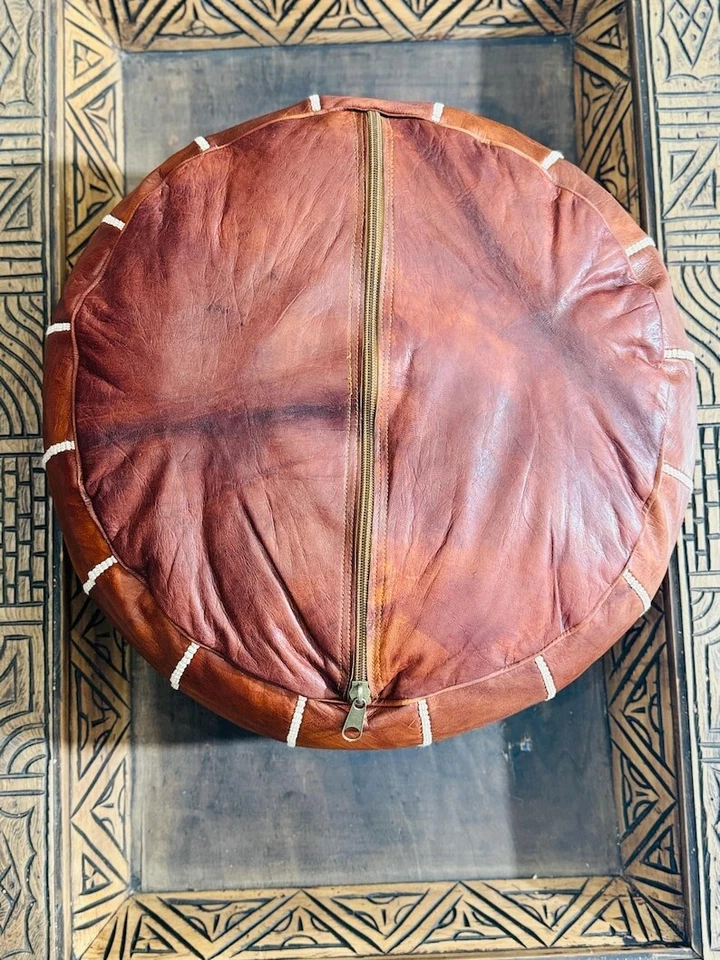 Moroccan leather pouf, Moroccan Ottoman pouf, moroccan pouf light brown - Image 3 of 4