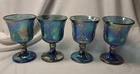 Vintage Blue Iridescent Carnival Glass 4 Goblets Set Harvest Grape Indiana 1970s