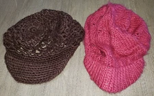 2 womens KNIT WINTER HATS HARD BRIM FRONT 1 PINK 1 BROWN hand made WARM!