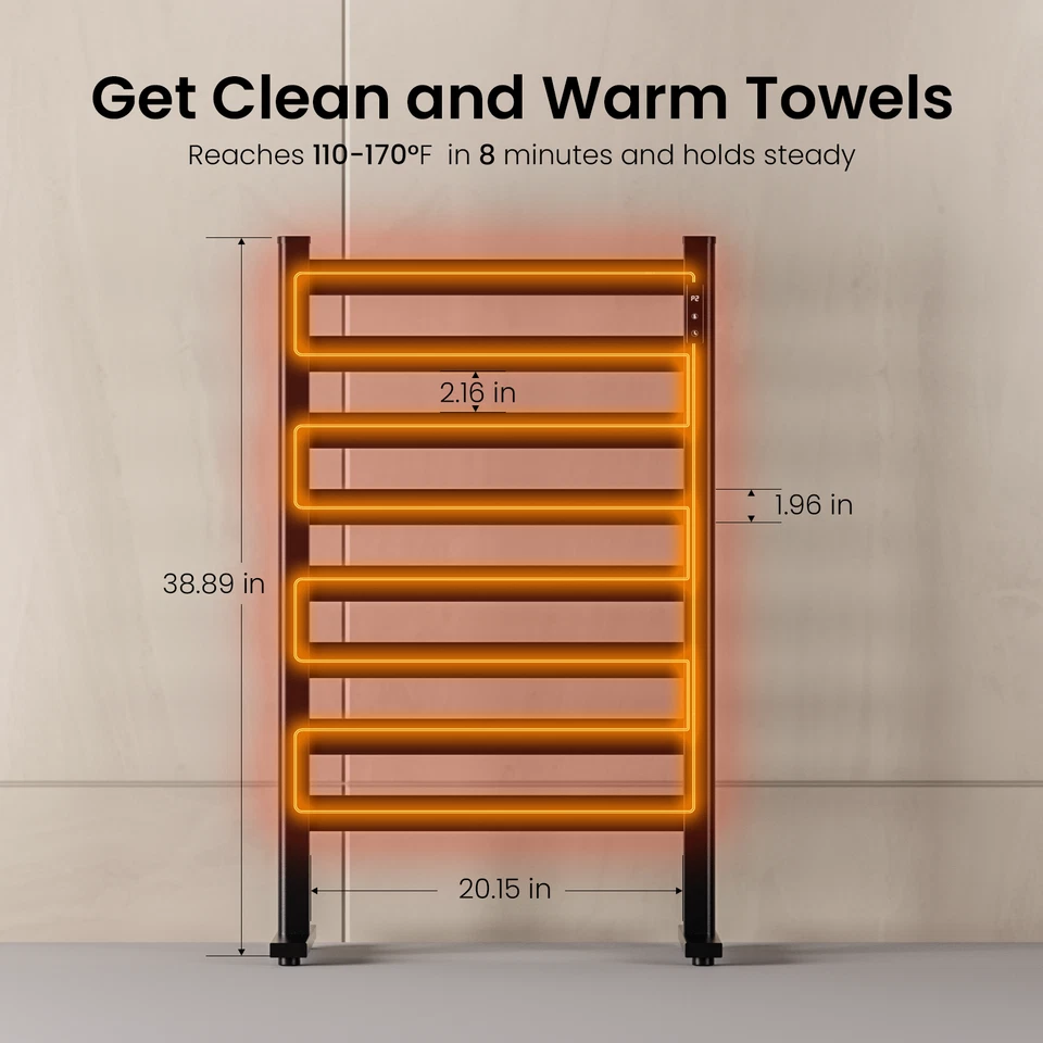 Aquecedor de toalhas WOHO 8 barras aquecido 38" independente para banheiro fácil de instalar - Imagem 4 de 4