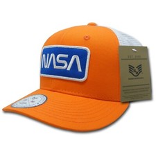 NASA Worm Insignia Structured Space Mesh Trucker Baseball Cap Hat - Orange White