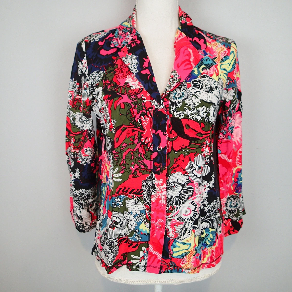 Josie Natori s Top Night Shirt Graphic Floral White Black Red