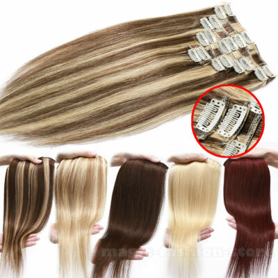 CLEARANCE Clip In 100% Real Remy Human Hair Extensions Full Head Highlight Brown
