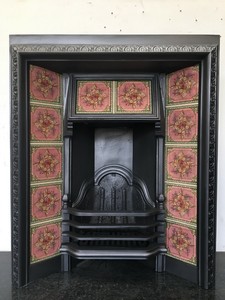 Original Restored Antique Cast Iron Victorian Tiled Insert