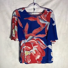  GIBSON & LATIMER blue red white yellow floral butterfly sleeves S