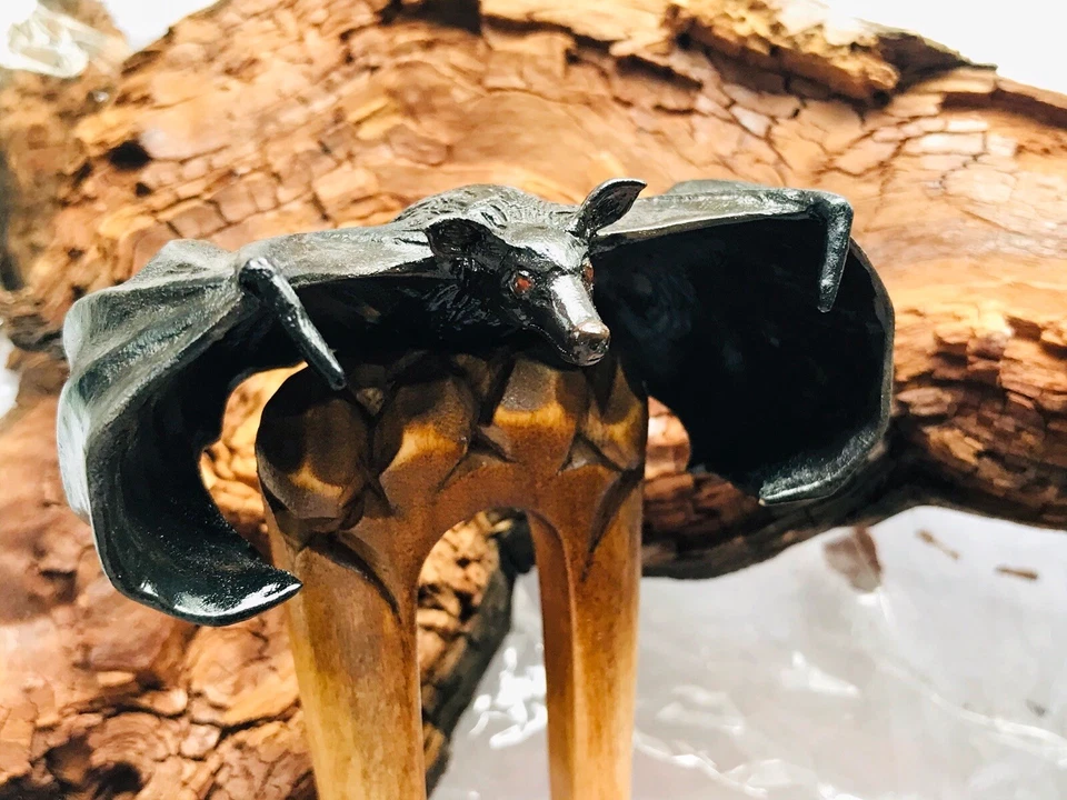 Carved Wood Hair Fork Clip with Bat HANDMADE  Gothic Hair Stick Halloween Gift - Image 3 of 4