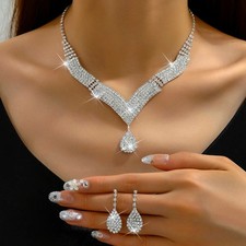 3Pcs Fashionable Rhinestones Necklaces Earrings Jewelry Sets Women's Accessories