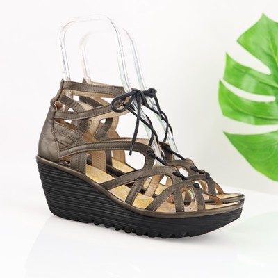 Fly London Womens Yuke Sandals Size 40 9 Bronze Strappy Lace Up Wedge Platform