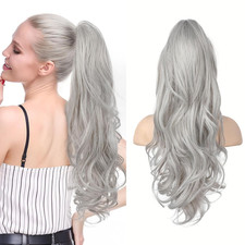 Ponytail Extension Clip In 24 Inch Curly Wavy Grey Silver White Hair Piece