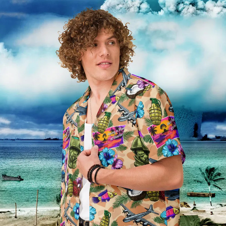 Atomic Tiki Hawaiian Shirt WWII Military Vintage Style Beach Aloha Shirt Men
