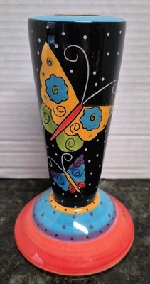 Laurel Burch Vivid Colored Butterfly Ceramic Candle Holder 6.5'' Tall EUC