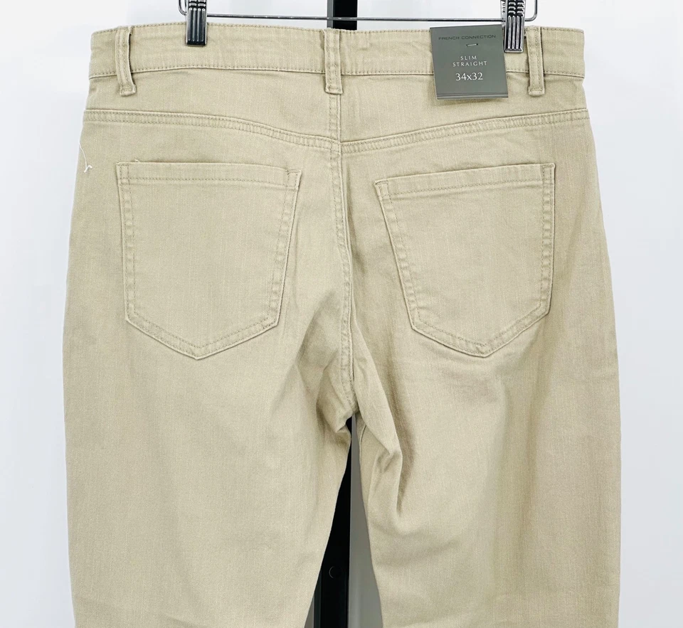 Pantalones de mezclilla para hombre FRENCH CONNECTION 34x32 beige piedra ajustados rectos 5 bolsillos nuevos con etiquetas Foto 4 de 4
