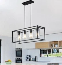 Modern Industrial 4-Light Rectangular Pendant Chandelier – Black Metal Frame.