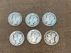 LOT OF 6 1936 MERCURY 10 CENT DIME COINS 90 % SILVER FREE SHIPPING