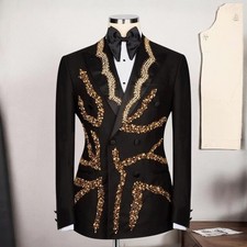 Beading Sequin Men's Coat Formal Prom Regular Fit Double Breasted Jacket Blazer
