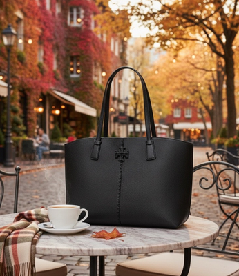 NEW Tory Burch McGraw Black Pebbled Leather Large Carryall Shopper