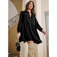 Sezane Leana Black button front snap mini oversized dress FR 34 US 2 XS