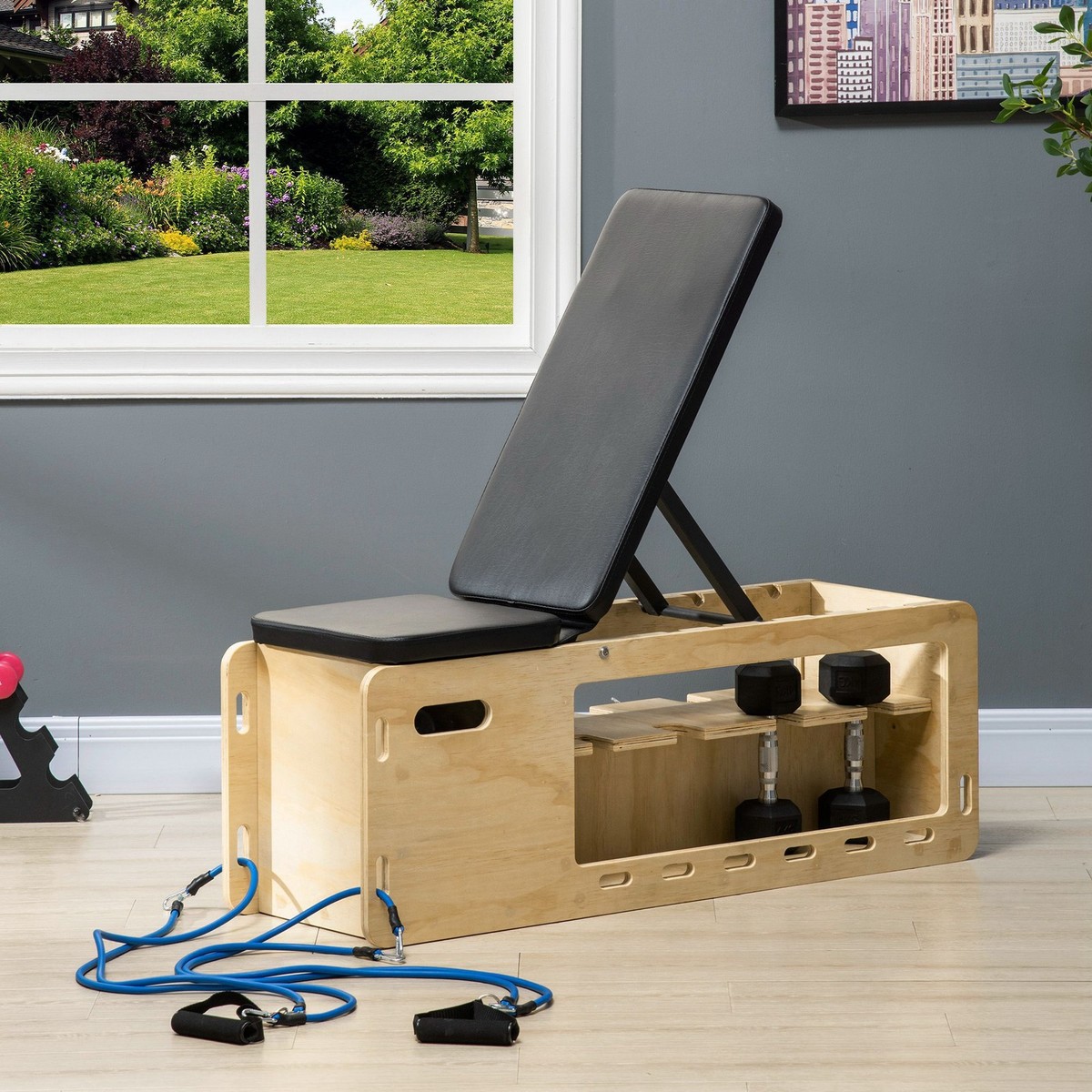 Soozier Wood Incline Weight Bench with Dumbbell Rack and