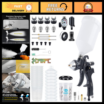 HVLP Spray Gun Kit - 4 Nozzles (1.4-2.5mm), Auto Paint, DIY, 10 Cups, Air Regula