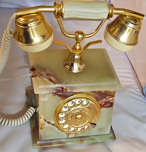 Vintage Italian Green Onyx Marble Rotary Telephone Brass Double Bell Dial Phone
