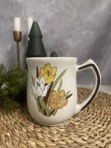 VTG Crocus Floral USA #341 Pottery Coffee Mug 1970s Yellow White Orange Brown