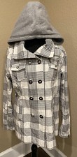 Hurley Trench Coat Large Checkered Hood Double Breasted Parka Jacket Button Zip