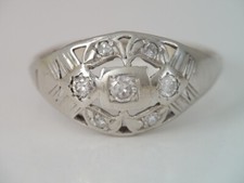VINTAGE ART DECO 14K WHITE GOLD DIAMOND FILIGREE RING sz 7 1/2