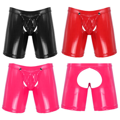 Mens Metallic PU Leather Latex Boy Shorts Removable Bulge Pouch Enhancer Panties