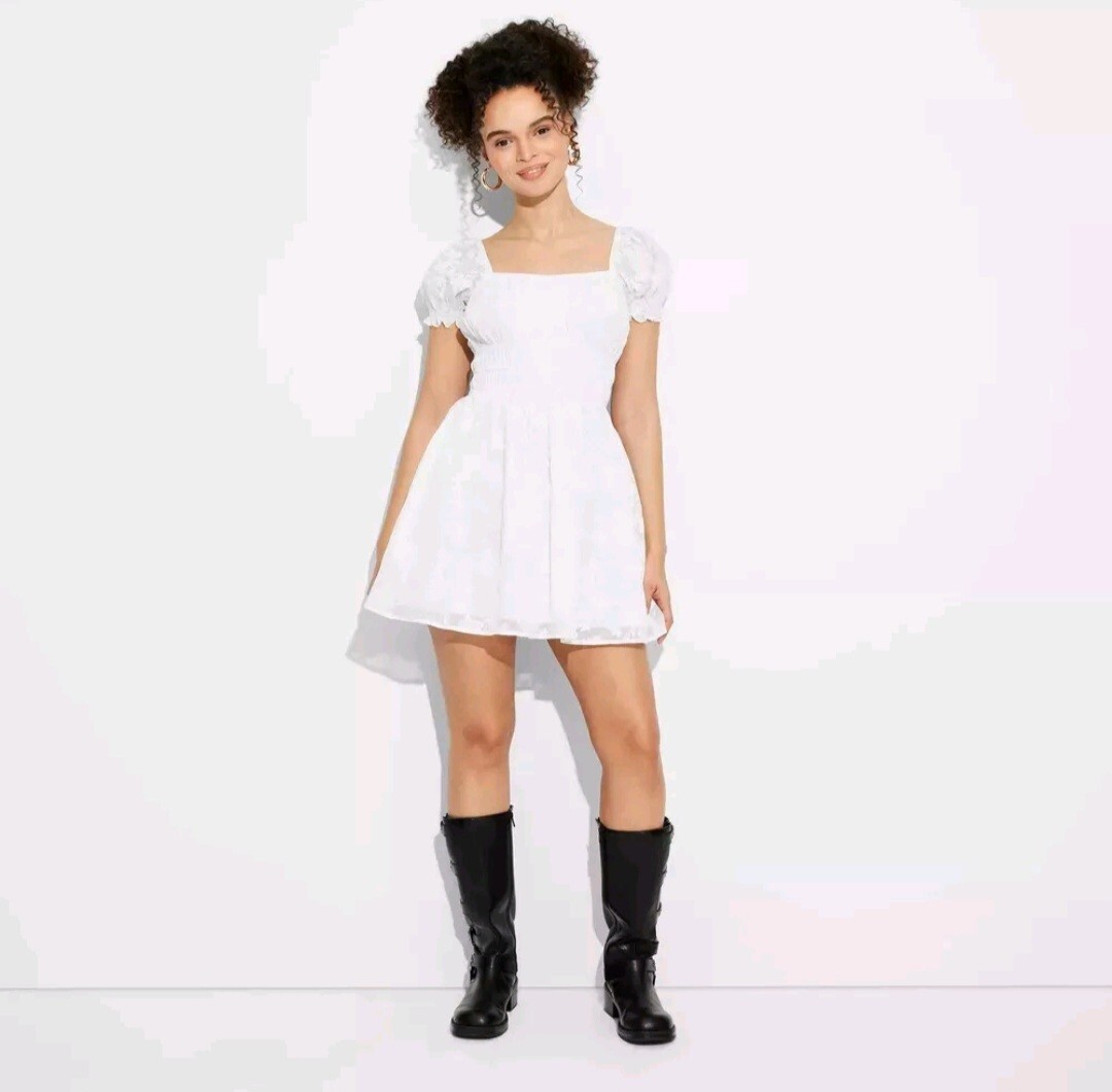 slim fit dress slacks Mac Duggal - White Ruffle V Neck Fit & Flare Mini Dress main image 0