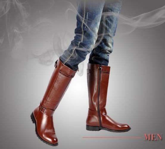 Men's Motorcycle Knee High Boots British Military PU Leather Zip Combat