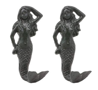 Ebros Gift 6''H Mermaid Cast Iron Rustic Wall Coat Hook For Keys Leashes Hats (2)