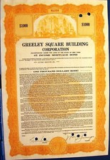 Vintage $1000 bond Greeley Square Building Corporation, State of New York 1936