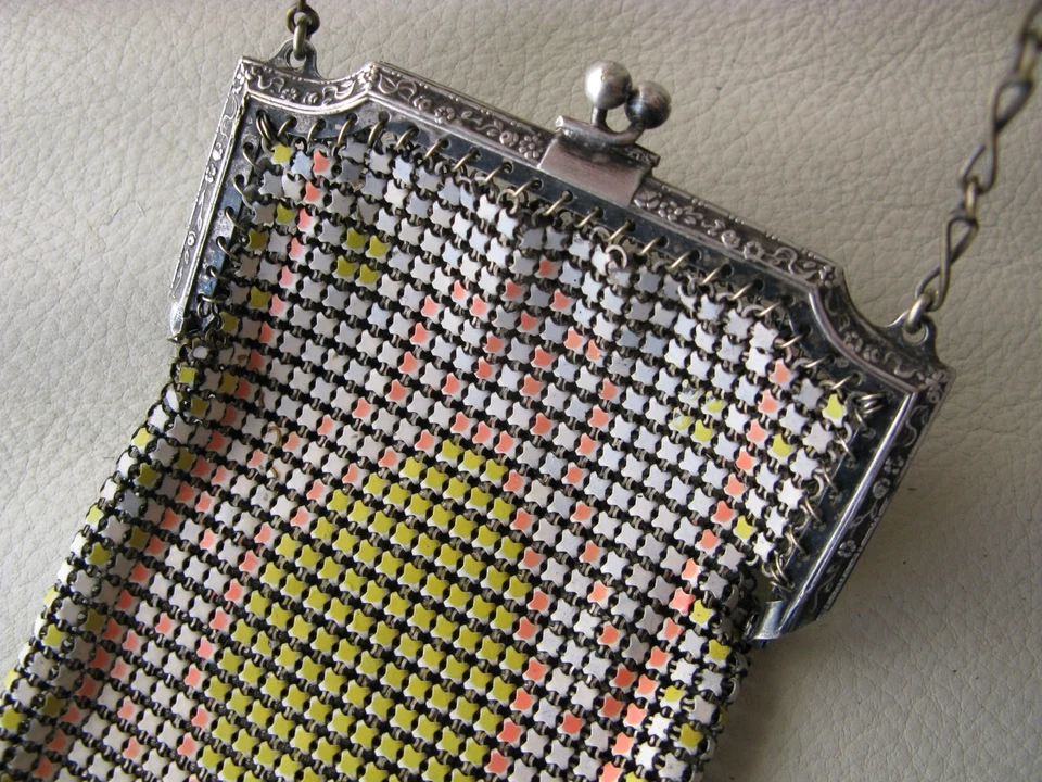 Antique Art Nouveau Deco Silver Frame Yellow Orange Enamel Chain Mail Purse W&D - Image 4 of 4