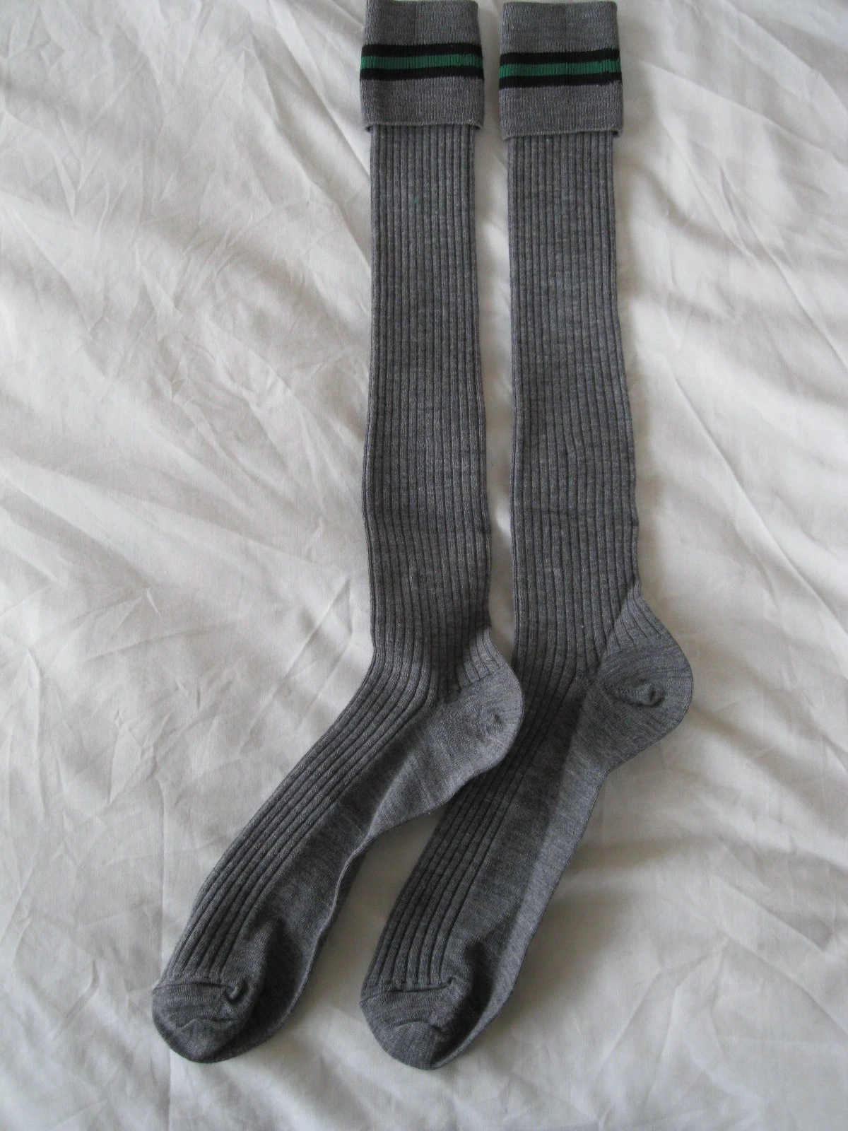 Senior Boys Grey School Socks with Green/Black Turn Over Top Trim Sz 7-11 15/02