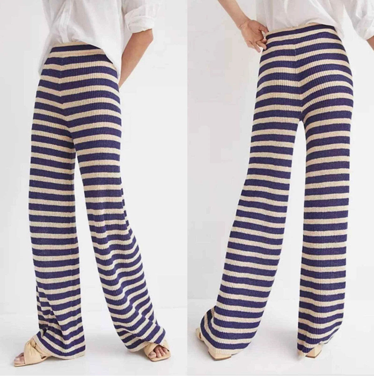 NWT Anthropologie Flat White Striped Sweater Knit Wide Leg Pants Size XS Navy