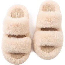 Women's Fluffy Faux Fur Slippers Comfy Open Toe Two Band Slides with 7-8 Beige