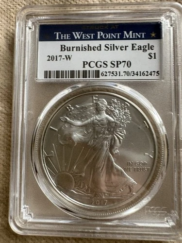 2017 W BURNISHED AMERICAN SILVER EAGLE PCGS SP70 WEST POINT MINT LABEL KEY DATE