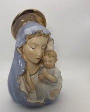 Vintage Artmark Madonna w/ Child Ceramic Planter Blue Gold Religious Deco Japan
