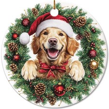 Funny Golden Retriever in Santa Hat Ornament, Puppy Ceramic Christmas Decoration