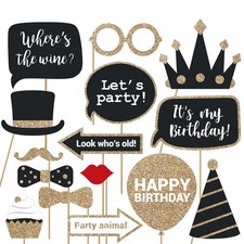 30 PCS Fully Assembled Birthday Photo Booth Props Black Gold Selfie Signs