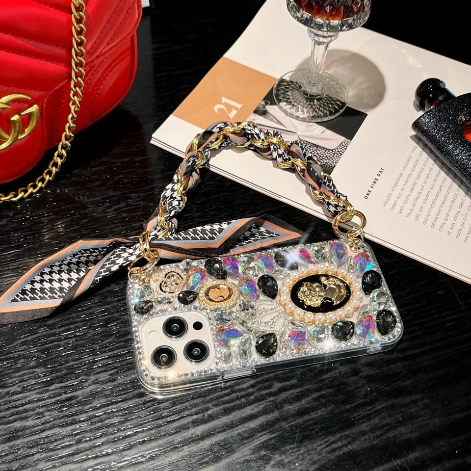 IPhone 17 16 15 Pro Max Case Rhinestone Queen Bling Mirror Wrist Strap Cover - Image 4 of 4