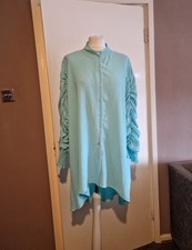 Made In Italy Turquoise Blue Ruched Shirred Longline Asymmetric Shirt Dress O/S