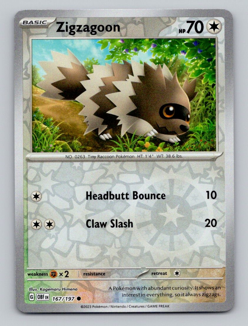 Reverse Holo Zigzagoon 167/197 Common Obsidian Flames Pokemon