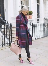 Ted Baker Size 2 (UK 10) Fredye Red Blue Striped Wool Blend Coat Belted