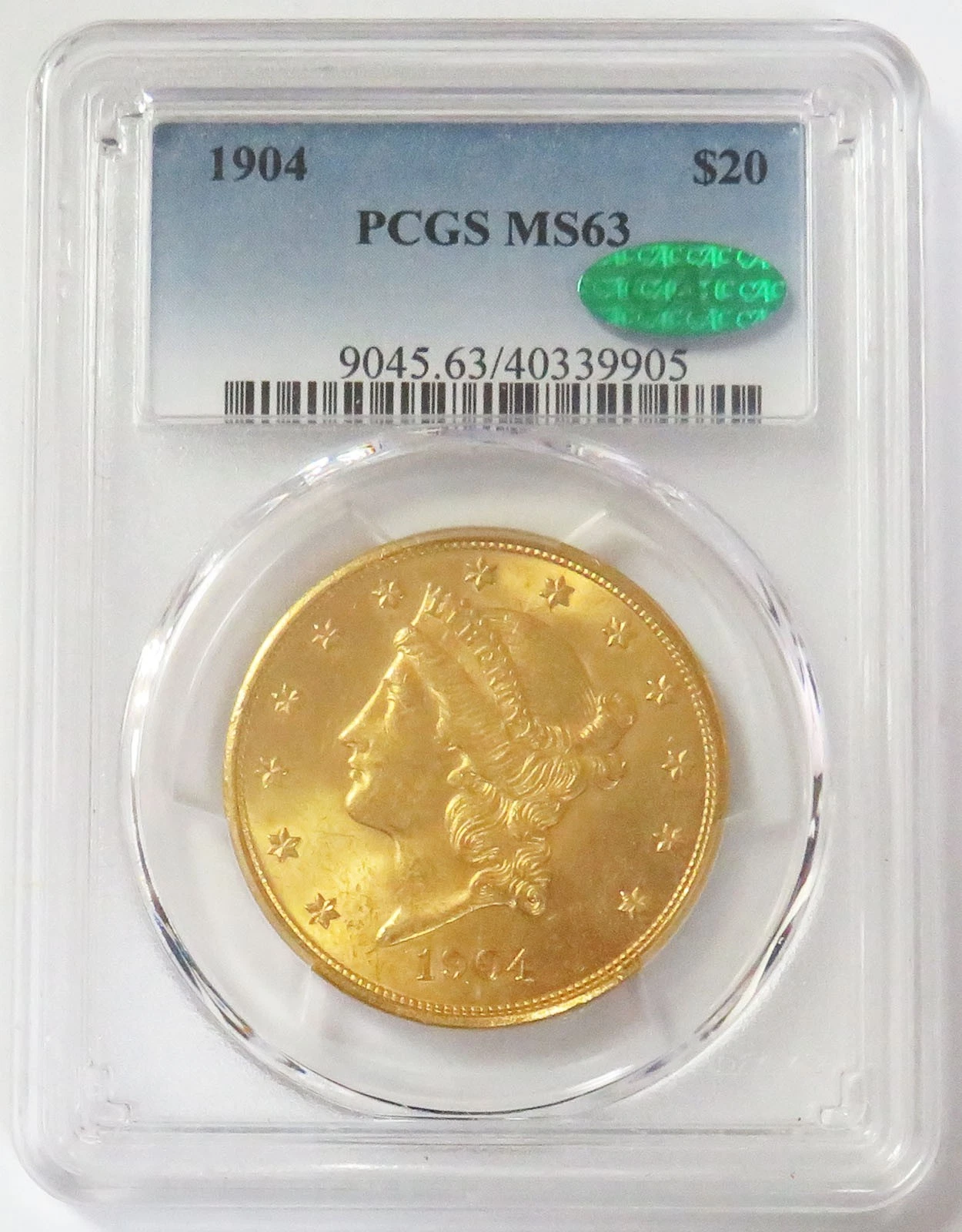 1904 GOLD $20 LIBERTY DOUBLE EAGLE PCGS MS 63 CAC