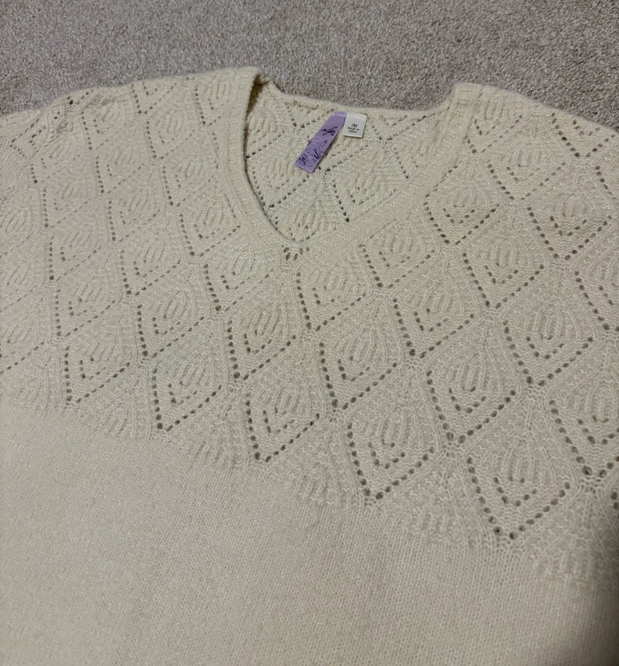 Suéter tejido semi-abierto Francescas Alya para mujer cuello en V manga globo marfil, talla M Foto 3 de 4
