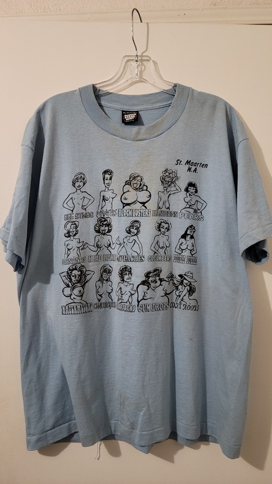 Authentic single-stitch 90s novelty tee — the kind of gloriously dumb shirt that makes a thrift-store find feel like a trophy.