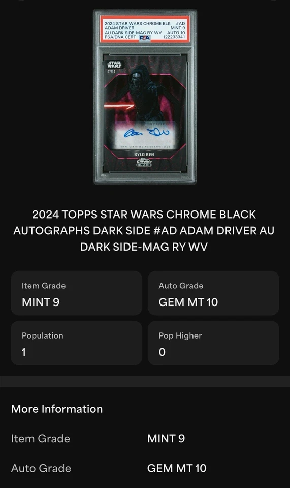 2024 Topps Star Wars Adam Driver Kylo Ren Magenta Ray Wave 7/10 PSA 9 / 10 Auto - Image 4 of 4
