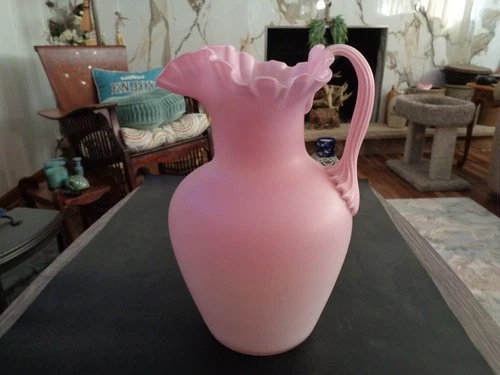 VINTAGE FENTON? PINK SATIN ROSE PITCHER -9" Tall-Very Nice-LOOK
